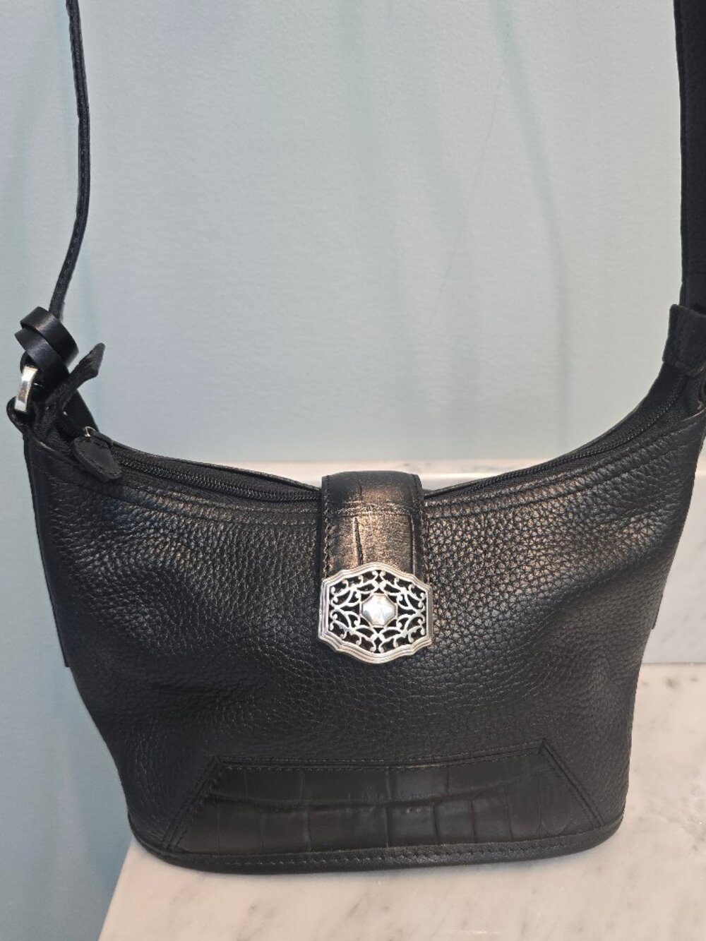 Brighton Small Black Pebble Leather & Black Croc Trim